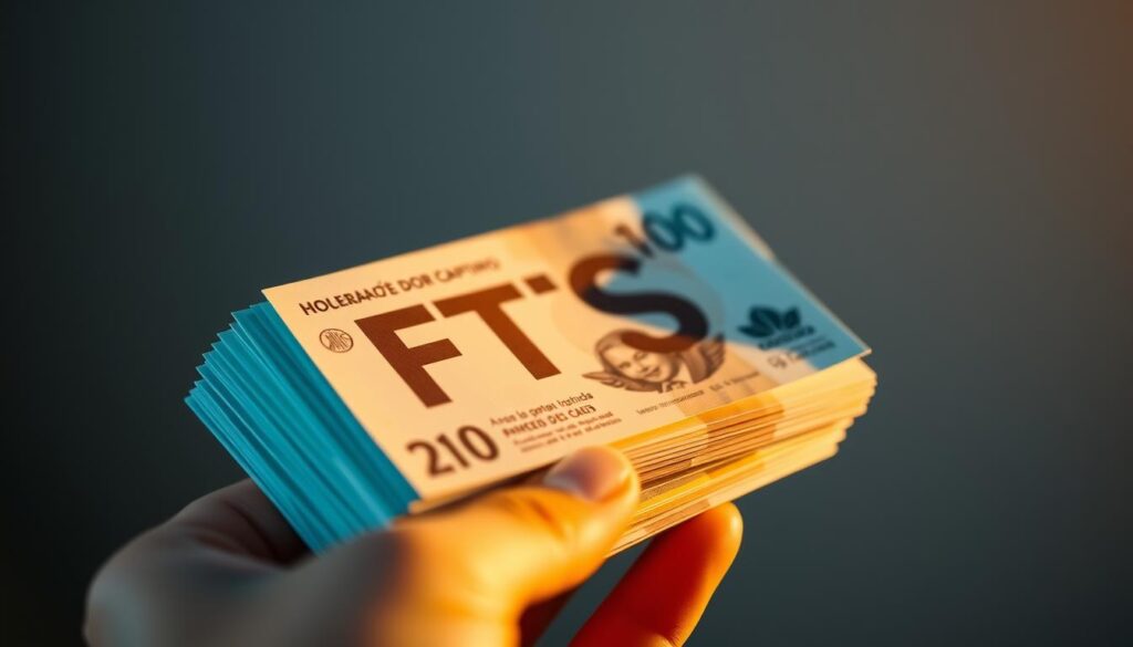 A close-up of a person's hand holding a stack of Brazilian currency notes, representing the FGTS (Fundo de Garantia do Tempo de Serviço) or Severance Pay Fund. The bills are arranged neatly, with a serene, warm lighting illuminating the scene. The background is blurred, creating a sense of focus on the subject. The composition emphasizes the idea of partially withdrawing from the FGTS, capturing the essence of the article's topic "Como sacar apenas parte do FGTS". A close-up of a person's hand holding a stack of Brazilian currency notes, representing the FGTS (Fundo de Garantia do Tempo de Serviço) or Severance Pay Fund. The bills are arranged neatly, with a serene, warm lighting illuminating the scene. The background is blurred, creating a sense of focus on the subject. The composition emphasizes the idea of partially withdrawing from the FGTS, capturing the essence of the article's topic "Como sacar apenas parte do FGTS".
