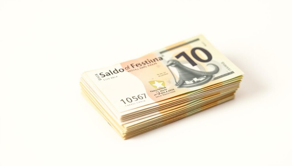 A close-up view of a stack of Brazilian Real banknotes against a plain background, capturing the concept of "saldo FGTS" (FGTS account balance). The banknotes are arranged in an organized, symmetrical manner, conveying a sense of financial stability and control. The lighting is soft and diffused, creating a warm, neutral tone that enhances the visual appeal. The image is captured at a slight angle, providing depth and dimensionality to the scene. The overall mood is one of financial security and clarity, reflecting the section title "Entendendo o FGTS hoje: quando é possível retirar só uma parte do saldo". A close-up view of a stack of Brazilian Real banknotes against a plain background, capturing the concept of "saldo FGTS" (FGTS account balance). The banknotes are arranged in an organized, symmetrical manner, conveying a sense of financial stability and control. The lighting is soft and diffused, creating a warm, neutral tone that enhances the visual appeal. The image is captured at a slight angle, providing depth and dimensionality to the scene. The overall mood is one of financial security and clarity, reflecting the section title "Entendendo o FGTS hoje: quando é possível retirar só uma parte do saldo".