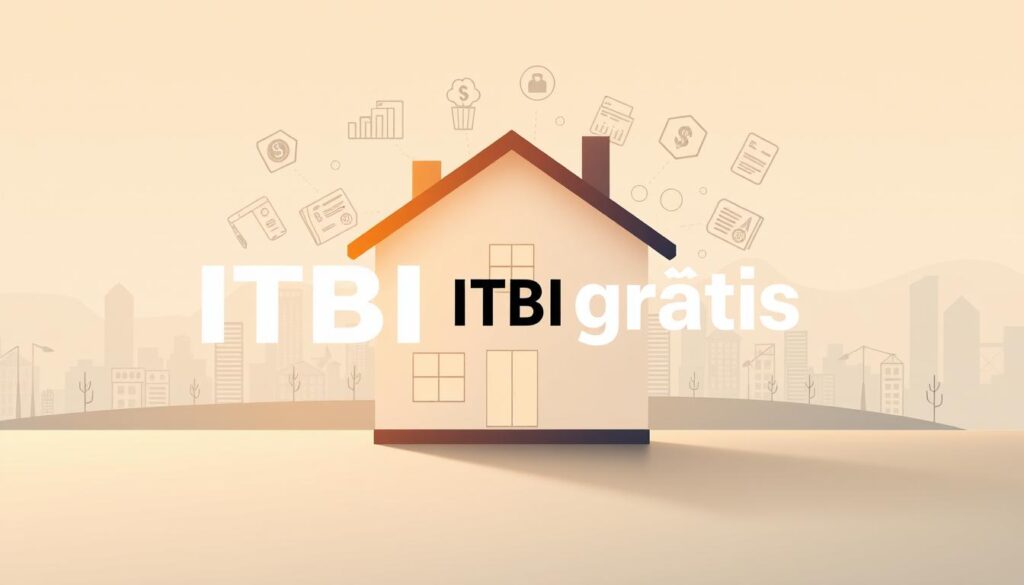 A conceptual illustration depicting the idea of "ITBI grátis" (free real estate transfer tax) and "isenção fiscal" (tax exemption). The foreground showcases a house or residential property with a prominent "ITBI GRÁTIS" graphic overlaid, conveying the key concept. In the middle ground, finance-related icons and symbols, such as currency, charts, and legal documents, suggest the fiscal implications. The background features a serene, minimalist cityscape, evoking a sense of urban real estate and property development. The lighting is soft and warm, creating an inviting, informative atmosphere. The composition is balanced, with clean lines and a harmonious color palette to effectively communicate the subject matter. A conceptual illustration depicting the idea of "ITBI grátis" (free real estate transfer tax) and "isenção fiscal" (tax exemption). The foreground showcases a house or residential property with a prominent "ITBI GRÁTIS" graphic overlaid, conveying the key concept. In the middle ground, finance-related icons and symbols, such as currency, charts, and legal documents, suggest the fiscal implications. The background features a serene, minimalist cityscape, evoking a sense of urban real estate and property development. The lighting is soft and warm, creating an inviting, informative atmosphere. The composition is balanced, with clean lines and a harmonious color palette to effectively communicate the subject matter.