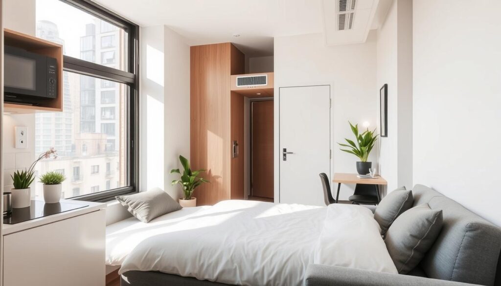 A cozy and compact kitnet in a modern urban setting. The small yet efficient apartment features sleek lines, neutral tones, and minimalist furnishings. Soft natural lighting filters through large windows, creating a serene and inviting atmosphere. The kitchenette is neatly integrated into the open-plan layout, with clean surfaces and modern appliances. A plush, comfortable bed anchors the living area, while a small desk and chair provide a functional workspace. Subtle wall art and potted plants add personal touches, making the space feel like a welcoming and tranquil haven within the bustling city. A cozy and compact kitnet in a modern urban setting. The small yet efficient apartment features sleek lines, neutral tones, and minimalist furnishings. Soft natural lighting filters through large windows, creating a serene and inviting atmosphere. The kitchenette is neatly integrated into the open-plan layout, with clean surfaces and modern appliances. A plush, comfortable bed anchors the living area, while a small desk and chair provide a functional workspace. Subtle wall art and potted plants add personal touches, making the space feel like a welcoming and tranquil haven within the bustling city.
