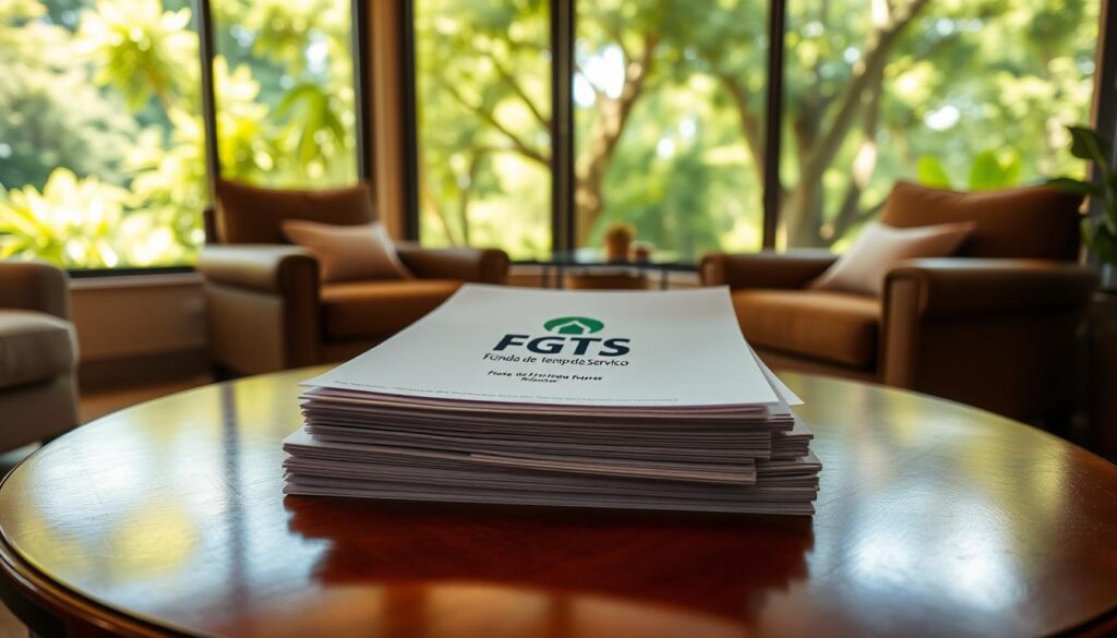 A cozy and inviting living room with a large window overlooking a lush, verdant landscape. The room is bathed in warm, natural light, creating a serene and peaceful atmosphere. In the center of the room, a stack of government forms and documents, including the "FGTS" (Fundo de Garantia do Tempo de Serviço) logo, sits on a polished wooden coffee table. The documents convey a sense of financial empowerment and the ability to use one's FGTS funds to make a significant purchase, such as a new home. The overall scene suggests the process of unlocking one's FGTS savings to facilitate the purchase of a property, with the natural surroundings and cozy interior creating a sense of comfort and security. A cozy and inviting living room with a large window overlooking a lush, verdant landscape. The room is bathed in warm, natural light, creating a serene and peaceful atmosphere. In the center of the room, a stack of government forms and documents, including the "FGTS" (Fundo de Garantia do Tempo de Serviço) logo, sits on a polished wooden coffee table. The documents convey a sense of financial empowerment and the ability to use one's FGTS funds to make a significant purchase, such as a new home. The overall scene suggests the process of unlocking one's FGTS savings to facilitate the purchase of a property, with the natural surroundings and cozy interior creating a sense of comfort and security.