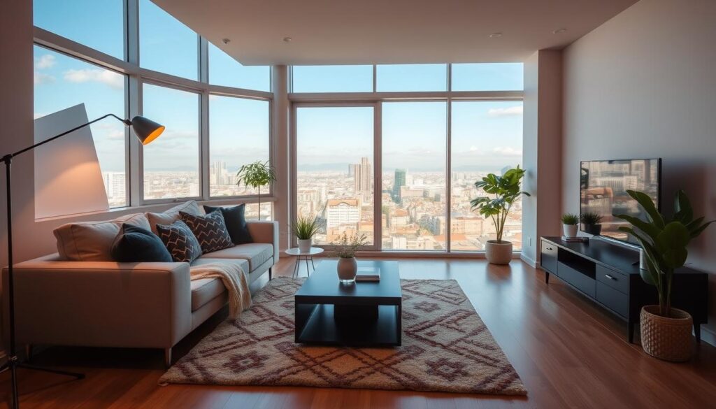 A cozy and well-appointed apartment in Maringá, with warm lighting casting a inviting glow. Modern, minimalist furnishings create a serene, uncluttered atmosphere. Large windows offer a panoramic view of the city skyline, hinting at the vibrant neighborhood outside. Carefully chosen decor elements, such as potted plants and a plush area rug, lend a homey, lived-in feel. The space is designed to maximize functionality and comfort, an ideal setting for a discerning renter seeking a high-quality rental property in Maringá. A cozy and well-appointed apartment in Maringá, with warm lighting casting a inviting glow. Modern, minimalist furnishings create a serene, uncluttered atmosphere. Large windows offer a panoramic view of the city skyline, hinting at the vibrant neighborhood outside. Carefully chosen decor elements, such as potted plants and a plush area rug, lend a homey, lived-in feel. The space is designed to maximize functionality and comfort, an ideal setting for a discerning renter seeking a high-quality rental property in Maringá.