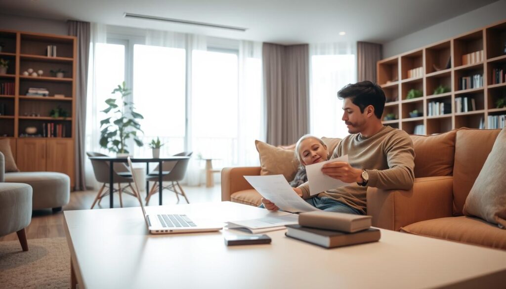 A cozy and well-lit apartment interior, with an open floor plan and large windows flooding the space with natural light. In the foreground, a young couple sits on a plush sofa, deep in conversation as they review financial documents related to using their FGTS (Fundo de Garantia do Tempo de Serviço) to purchase a new home. The middle ground features a modern, minimalist coffee table with a laptop, calculator, and other financial tools. In the background, bookcases line the walls, adding a sense of warmth and sophistication to the scene. The overall mood is one of thoughtful consideration and anticipation, as the couple navigates the process of leveraging their FGTS to realize their homeownership dreams. A cozy and well-lit apartment interior, with an open floor plan and large windows flooding the space with natural light. In the foreground, a young couple sits on a plush sofa, deep in conversation as they review financial documents related to using their FGTS (Fundo de Garantia do Tempo de Serviço) to purchase a new home. The middle ground features a modern, minimalist coffee table with a laptop, calculator, and other financial tools. In the background, bookcases line the walls, adding a sense of warmth and sophistication to the scene. The overall mood is one of thoughtful consideration and anticipation, as the couple navigates the process of leveraging their FGTS to realize their homeownership dreams.