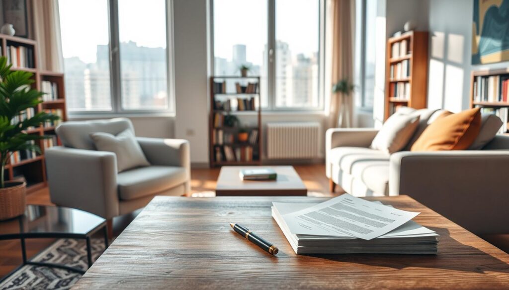 A cozy apartment interior with natural light filtering through large windows. The foreground features a modern sofa and armchair, arranged around a low wooden coffee table. On the table, a stack of legal documents and a pen, representing the topic of "Lei do Inquilinato" (Tenancy Law). The middle ground shows bookshelves lining the walls, hinting at the intellectual nature of the subject matter. The background reveals a cityscape visible through the windows, creating a sense of urban context. The overall mood is one of thoughtful contemplation, with a subtle undertone of the gravity of the legal matters at hand. Lighting is soft and diffused, creating a warm, inviting atmosphere. A cozy apartment interior with natural light filtering through large windows. The foreground features a modern sofa and armchair, arranged around a low wooden coffee table. On the table, a stack of legal documents and a pen, representing the topic of "Lei do Inquilinato" (Tenancy Law). The middle ground shows bookshelves lining the walls, hinting at the intellectual nature of the subject matter. The background reveals a cityscape visible through the windows, creating a sense of urban context. The overall mood is one of thoughtful contemplation, with a subtle undertone of the gravity of the legal matters at hand. Lighting is soft and diffused, creating a warm, inviting atmosphere.