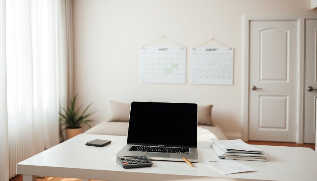 A cozy, minimalist apartment interior with a warm, natural lighting. The focal point is a neat, organized desk area, showcasing a laptop, a savings calculator, and some financial documents. In the background, a wall calendar highlights the current month. Soft, neutral tones throughout, creating a serene, focused atmosphere for budgeting and financial planning. The overall composition conveys a sense of control, preparation, and financial responsibility. A cozy, minimalist apartment interior with a warm, natural lighting. The focal point is a neat, organized desk area, showcasing a laptop, a savings calculator, and some financial documents. In the background, a wall calendar highlights the current month. Soft, neutral tones throughout, creating a serene, focused atmosphere for budgeting and financial planning. The overall composition conveys a sense of control, preparation, and financial responsibility.
