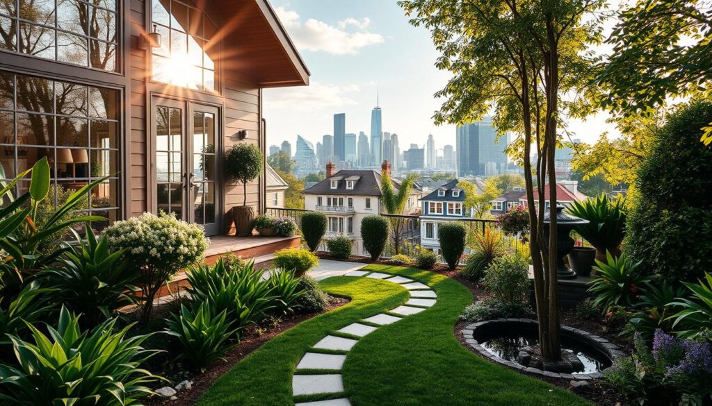 A cozy, modern home with lush landscaping, nestled in a vibrant urban setting. Sunlight filters through large windows, casting a warm glow on the well-appointed interior. Hardwood floors, tasteful furnishings, and carefully curated decor create an atmosphere of comfort and sophistication. In the foreground, a manicured garden filled with thriving plants and flowers, a tranquil water feature, and a winding path leading to the front door. In the background, a city skyline with towering skyscrapers and bustling streets, reflecting the dynamic neighborhood. The scene conveys a sense of balance between the private, domestic space and the energetic public realm, highlighting the factors that contribute to a property's desirability and value. A cozy, modern home with lush landscaping, nestled in a vibrant urban setting. Sunlight filters through large windows, casting a warm glow on the well-appointed interior. Hardwood floors, tasteful furnishings, and carefully curated decor create an atmosphere of comfort and sophistication. In the foreground, a manicured garden filled with thriving plants and flowers, a tranquil water feature, and a winding path leading to the front door. In the background, a city skyline with towering skyscrapers and bustling streets, reflecting the dynamic neighborhood. The scene conveys a sense of balance between the private, domestic space and the energetic public realm, highlighting the factors that contribute to a property's desirability and value.