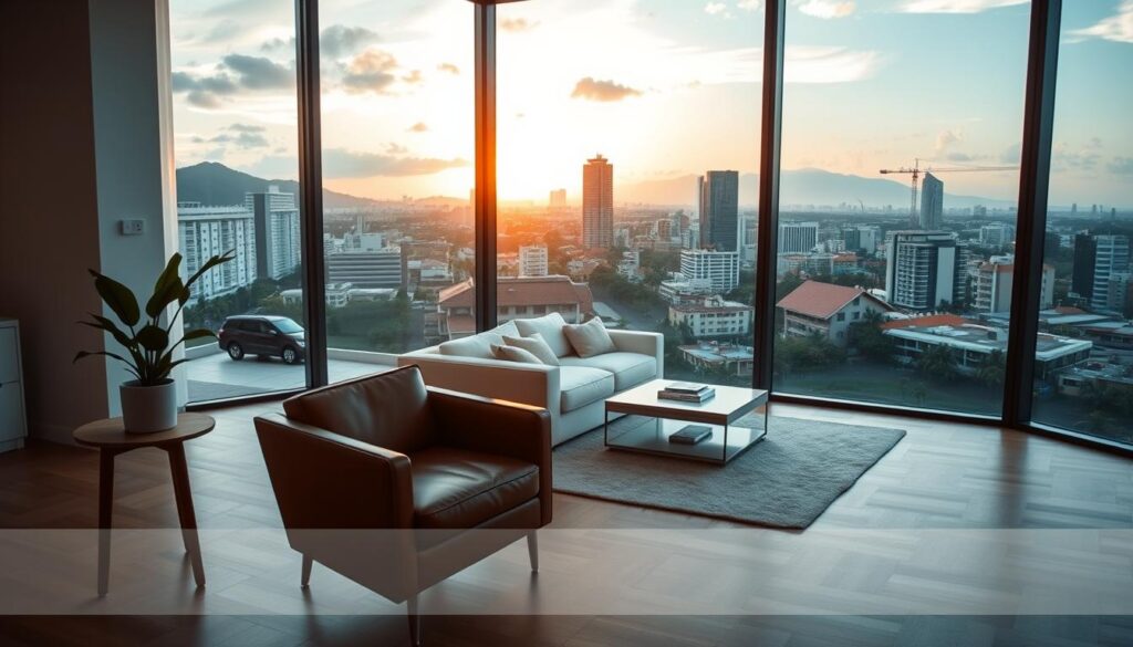 A cozy modern living room with large windows overlooking a scenic Brazilian cityscape. In the foreground, a stylish leather armchair and a wooden end table with a potted plant. Mid-ground features a minimalist sofa and a sleek coffee table, with a bright, airy atmosphere. The background showcases an urban skyline with high-rise buildings, palm trees, and a warm, golden sunset lighting up the scene. The overall mood is one of tranquility, comfort, and the anticipation of finding the perfect home. A cozy modern living room with large windows overlooking a scenic Brazilian cityscape. In the foreground, a stylish leather armchair and a wooden end table with a potted plant. Mid-ground features a minimalist sofa and a sleek coffee table, with a bright, airy atmosphere. The background showcases an urban skyline with high-rise buildings, palm trees, and a warm, golden sunset lighting up the scene. The overall mood is one of tranquility, comfort, and the anticipation of finding the perfect home.