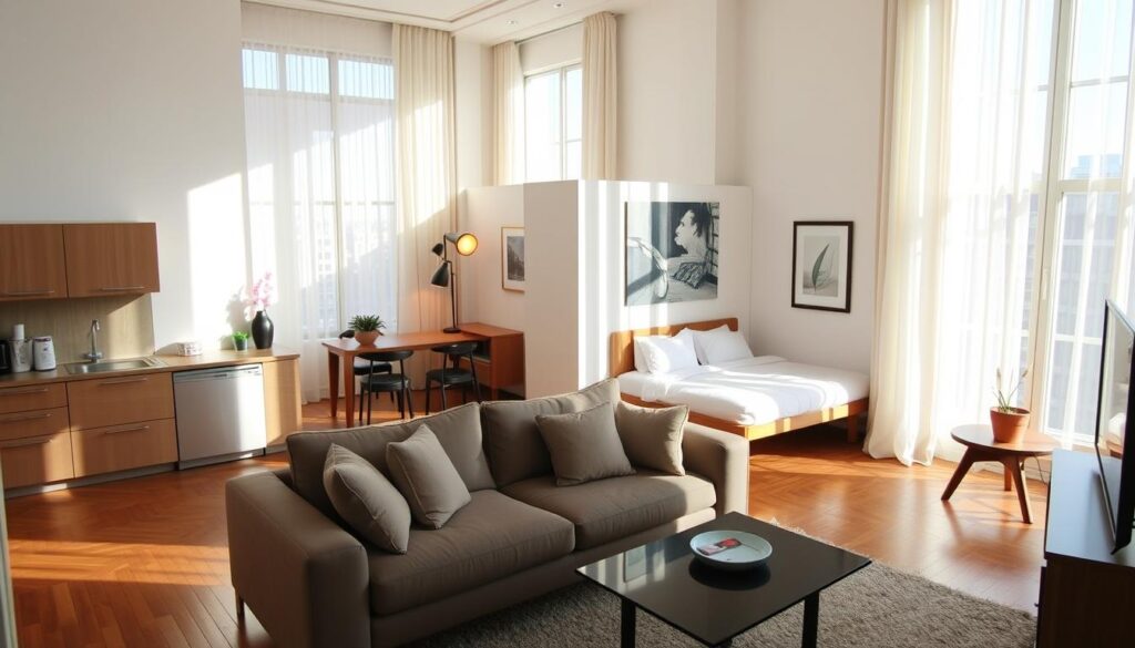 A cozy studio apartment in the heart of Maringá, its spacious interior filled with natural light streaming through large windows. The focal point is a well-appointed living area with a plush sofa and modern furnishings, complemented by a kitchenette equipped with sleek appliances. The bedroom alcove features a comfortable bed and minimalist decor, creating a harmonious, inviting atmosphere. Warm wooden floors, neutral tones, and carefully curated artworks lend an air of sophistication to the space, reflecting the desirable central location and the refined style of this prime rental property. A cozy studio apartment in the heart of Maringá, its spacious interior filled with natural light streaming through large windows. The focal point is a well-appointed living area with a plush sofa and modern furnishings, complemented by a kitchenette equipped with sleek appliances. The bedroom alcove features a comfortable bed and minimalist decor, creating a harmonious, inviting atmosphere. Warm wooden floors, neutral tones, and carefully curated artworks lend an air of sophistication to the space, reflecting the desirable central location and the refined style of this prime rental property.