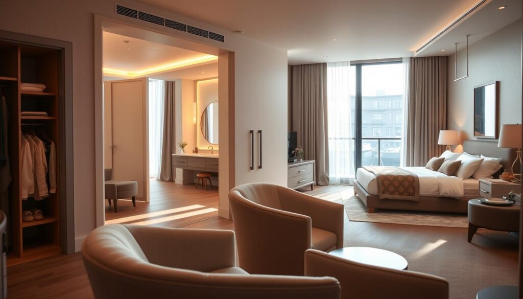 A cozy suite in a modern apartment, filled with natural light streaming through large windows. The spacious master bedroom features a plush king-sized bed, high-quality linens, and tasteful decor. An en-suite bathroom with a luxurious vanity, oversized rainfall shower, and spa-like ambiance. The room is accented by warm, soft lighting, creating a serene and relaxing atmosphere. A generously sized walk-in closet provides ample storage space. In the foreground, a pair of comfortable armchairs invite you to unwind. The middle ground showcases a sleek, minimalist design, with clean lines and a neutral color palette. In the background, a glimpse of a private balcony or terrace, hinting at the property's premium location and amenities. A cozy suite in a modern apartment, filled with natural light streaming through large windows. The spacious master bedroom features a plush king-sized bed, high-quality linens, and tasteful decor. An en-suite bathroom with a luxurious vanity, oversized rainfall shower, and spa-like ambiance. The room is accented by warm, soft lighting, creating a serene and relaxing atmosphere. A generously sized walk-in closet provides ample storage space. In the foreground, a pair of comfortable armchairs invite you to unwind. The middle ground showcases a sleek, minimalist design, with clean lines and a neutral color palette. In the background, a glimpse of a private balcony or terrace, hinting at the property's premium location and amenities.