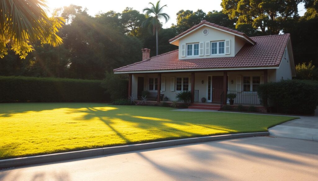 A cozy, two-story suburban home with a tiled roof and stucco exterior, set against a backdrop of lush green foliage. The front yard features a well-manicured lawn, a paved driveway, and a neatly trimmed hedge. Warm, golden sunlight bathes the scene, casting long shadows across the ground. The home's windows are adorned with white shutters, and a front porch with a wrought-iron railing invites visitors to enter. The overall atmosphere conveys a sense of tranquility, comfort, and the quintessential Brazilian residential experience. A cozy, two-story suburban home with a tiled roof and stucco exterior, set against a backdrop of lush green foliage. The front yard features a well-manicured lawn, a paved driveway, and a neatly trimmed hedge. Warm, golden sunlight bathes the scene, casting long shadows across the ground. The home's windows are adorned with white shutters, and a front porch with a wrought-iron railing invites visitors to enter. The overall atmosphere conveys a sense of tranquility, comfort, and the quintessential Brazilian residential experience.