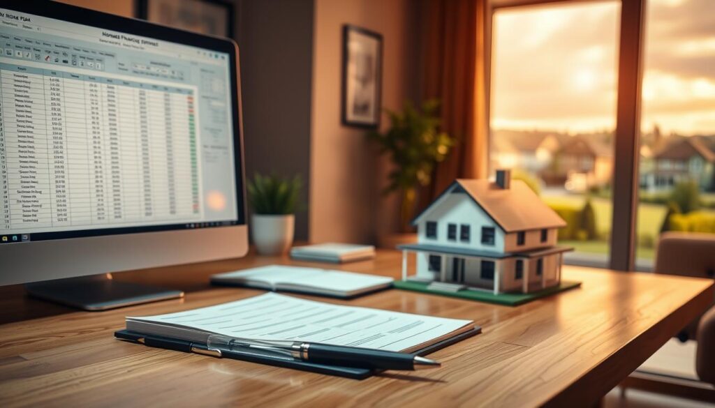 A cozy, warm-lit room showcases a desktop computer with a spreadsheet open, illuminating the intricate details of a home financing plan. In the foreground, a pen and notepad sit atop a wooden desk, reflecting the thoughtful process of understanding mortgage options. The middle ground features a realistic 3D model of a modern, two-story house, capturing the essence of the residential property being financed. In the background, a large window offers a scenic view of a suburban neighborhood, hinting at the personal and financial journey of homeownership. The overall atmosphere conveys a sense of diligence, contemplation, and the pursuit of a significant life milestone. A cozy, warm-lit room showcases a desktop computer with a spreadsheet open, illuminating the intricate details of a home financing plan. In the foreground, a pen and notepad sit atop a wooden desk, reflecting the thoughtful process of understanding mortgage options. The middle ground features a realistic 3D model of a modern, two-story house, capturing the essence of the residential property being financed. In the background, a large window offers a scenic view of a suburban neighborhood, hinting at the personal and financial journey of homeownership. The overall atmosphere conveys a sense of diligence, contemplation, and the pursuit of a significant life milestone.