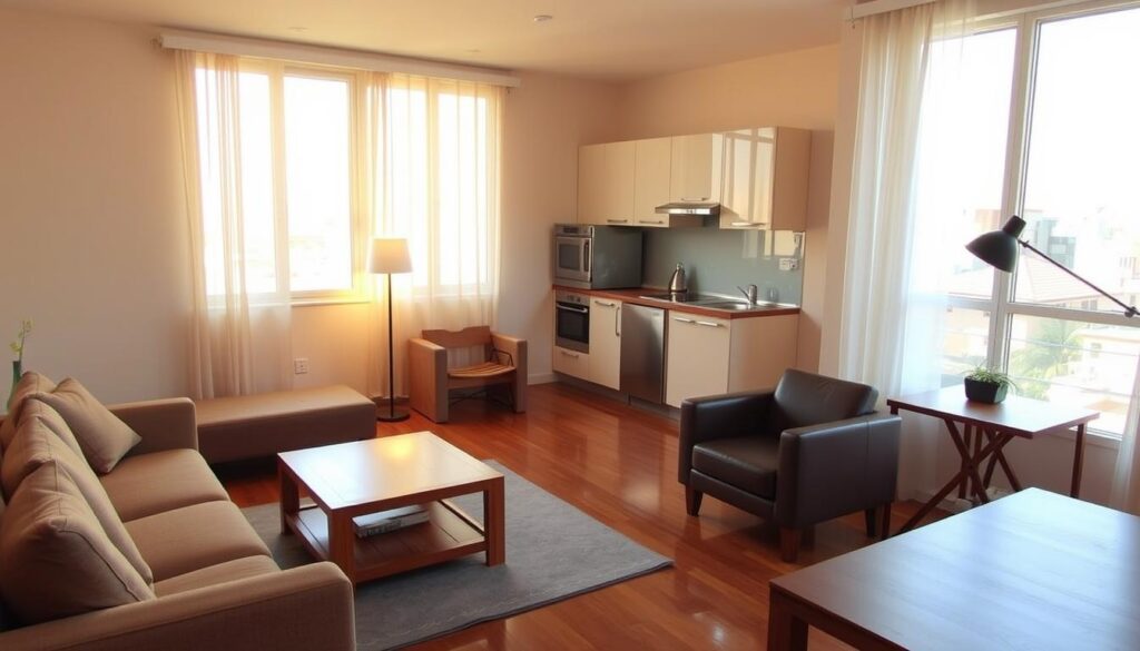A cozy, well-appointed furnished apartment in Maringá, Brazil. Warm natural lighting filters through large windows, illuminating a modern living space with sleek, minimalist furniture. A plush couch and armchair invite relaxation, complemented by a sturdy wooden coffee table and stylish floor lamp. The kitchen features clean lines and stainless-steel appliances, while a small dining table is positioned near the window, offering a pleasant view. The overall atmosphere conveys a sense of practicality and comfort, making it an inviting space for urban living. A cozy, well-appointed furnished apartment in Maringá, Brazil. Warm natural lighting filters through large windows, illuminating a modern living space with sleek, minimalist furniture. A plush couch and armchair invite relaxation, complemented by a sturdy wooden coffee table and stylish floor lamp. The kitchen features clean lines and stainless-steel appliances, while a small dining table is positioned near the window, offering a pleasant view. The overall atmosphere conveys a sense of practicality and comfort, making it an inviting space for urban living.
