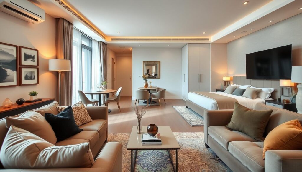 A cozy, well-furnished apartment with an inviting ambiance. The foreground showcases a modern, neatly arranged living room with plush, comfortable seating, a sleek coffee table, and carefully curated decor. The middle ground features a dining area with a contemporary table and chairs, complemented by tasteful lighting fixtures. The background reveals a spacious, bright bedroom with a luxurious bed, elegant nightstands, and a harmonious color scheme. The overall scene conveys a sense of high-quality, thoughtful design and attention to detail, creating a warm and welcoming living space. Capture this scene using a wide-angle lens with natural lighting for a realistic, high-resolution final image. A cozy, well-furnished apartment with an inviting ambiance. The foreground showcases a modern, neatly arranged living room with plush, comfortable seating, a sleek coffee table, and carefully curated decor. The middle ground features a dining area with a contemporary table and chairs, complemented by tasteful lighting fixtures. The background reveals a spacious, bright bedroom with a luxurious bed, elegant nightstands, and a harmonious color scheme. The overall scene conveys a sense of high-quality, thoughtful design and attention to detail, creating a warm and welcoming living space. Capture this scene using a wide-angle lens with natural lighting for a realistic, high-resolution final image.