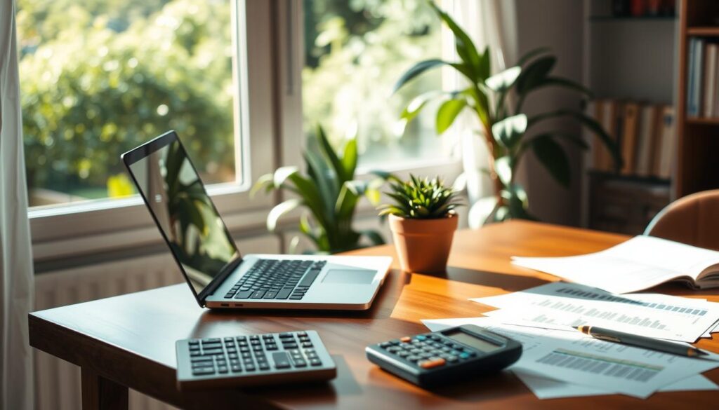 A cozy, well-lit home office setting with a wooden desk, a laptop, a calculator, and financial documents neatly arranged. Soft, natural lighting floods the space, creating a serene, focused atmosphere. In the background, a window overlooking a lush, verdant garden provides a calming, natural backdrop. A potted plant on the desk adds a touch of life and warmth to the scene. The overall composition conveys a sense of careful planning, organization, and financial responsibility. A cozy, well-lit home office setting with a wooden desk, a laptop, a calculator, and financial documents neatly arranged. Soft, natural lighting floods the space, creating a serene, focused atmosphere. In the background, a window overlooking a lush, verdant garden provides a calming, natural backdrop. A potted plant on the desk adds a touch of life and warmth to the scene. The overall composition conveys a sense of careful planning, organization, and financial responsibility.