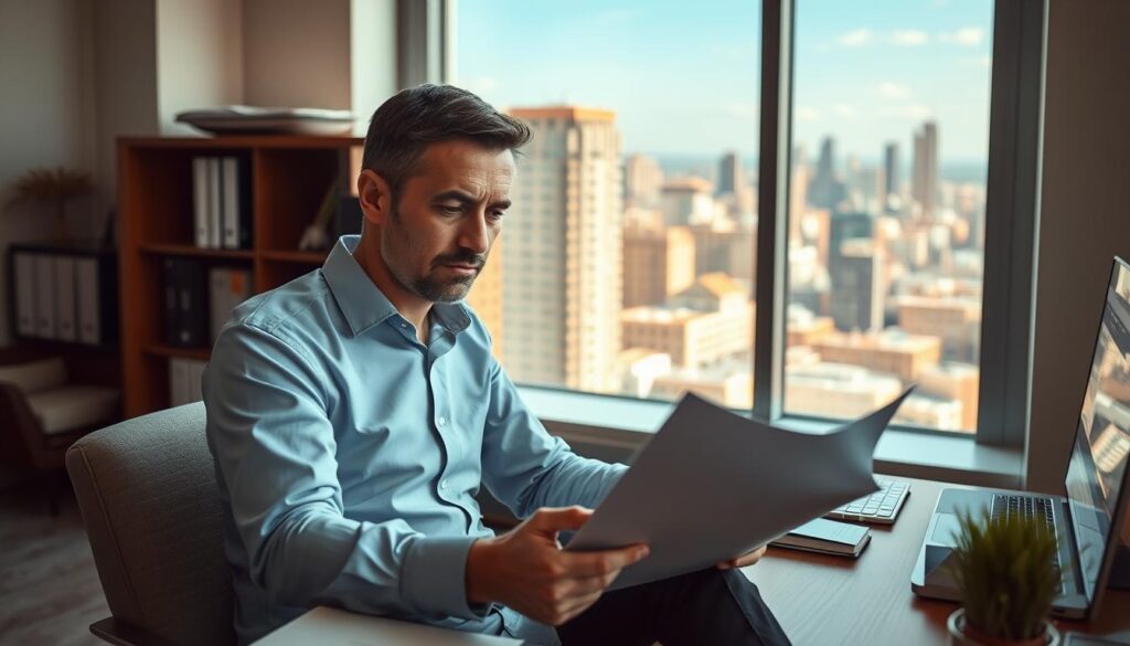 A cozy, well-lit office setting with a businessman sitting at a desk, intently reviewing financial documents. In the background, a large window offers a view of a vibrant cityscape. The man's expression conveys a sense of contemplation as he considers the details of the FGTS withdrawal process. Soft, directional lighting casts subtle shadows, adding depth and dimension to the scene. The composition strikes a balance between the professional work environment and the personal decision-making involved in accessing one's FGTS funds. A cozy, well-lit office setting with a businessman sitting at a desk, intently reviewing financial documents. In the background, a large window offers a view of a vibrant cityscape. The man's expression conveys a sense of contemplation as he considers the details of the FGTS withdrawal process. Soft, directional lighting casts subtle shadows, adding depth and dimension to the scene. The composition strikes a balance between the professional work environment and the personal decision-making involved in accessing one's FGTS funds.