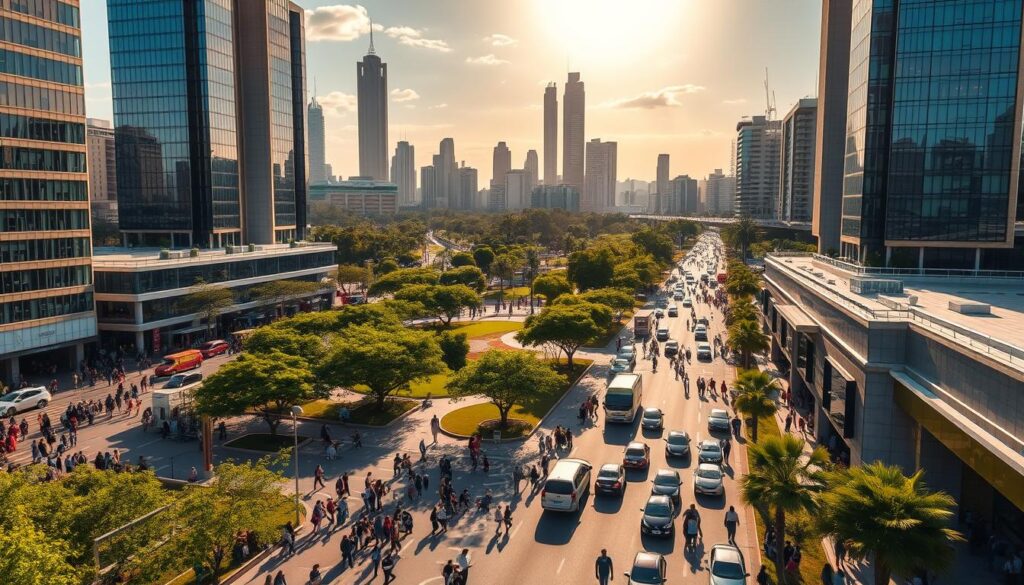 A densely populated urban scene, showcasing the vibrant city of Maringá in the year 2025. In the foreground, a bustling street teeming with pedestrians, cars, and public transportation. Tall, modern buildings adorned with sleek glass facades rise up, casting long shadows that stretch across the pavement. The middle ground features lush, verdant parks and plazas, where families and friends gather, enjoying the pleasant weather. In the background, the skyline is punctuated by towering skyscrapers, their architectural designs a blend of tradition and innovation. Warm, golden sunlight filters through the clouds, lending an inviting, optimistic atmosphere to the scene. The overall composition conveys a sense of a thriving, rapidly evolving city, where progress and livability coexist harmoniously. A densely populated urban scene, showcasing the vibrant city of Maringá in the year 2025. In the foreground, a bustling street teeming with pedestrians, cars, and public transportation. Tall, modern buildings adorned with sleek glass facades rise up, casting long shadows that stretch across the pavement. The middle ground features lush, verdant parks and plazas, where families and friends gather, enjoying the pleasant weather. In the background, the skyline is punctuated by towering skyscrapers, their architectural designs a blend of tradition and innovation. Warm, golden sunlight filters through the clouds, lending an inviting, optimistic atmosphere to the scene. The overall composition conveys a sense of a thriving, rapidly evolving city, where progress and livability coexist harmoniously.