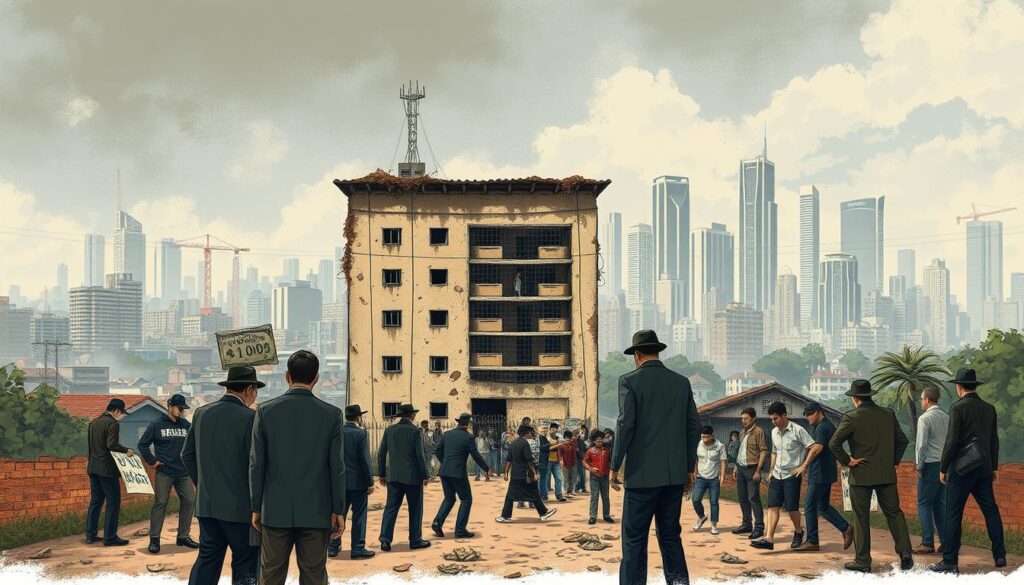 A detailed and realistic illustration of the most common real estate scams in Brazil today. In the foreground, a group of shady individuals engaging in fraudulent activities such as phishing, pyramid schemes, and fake property listings. In the middle ground, a dilapidated building and a chaotic scene of disgruntled victims. In the background, a cityscape with towering skyscrapers, conveying the scale and prevalence of these scams. The lighting is harsh and unforgiving, casting ominous shadows and creating a sense of urgency and danger. The overall composition and mood evoke a feeling of caution and the need to be vigilant when navigating the Brazilian real estate market. A detailed and realistic illustration of the most common real estate scams in Brazil today. In the foreground, a group of shady individuals engaging in fraudulent activities such as phishing, pyramid schemes, and fake property listings. In the middle ground, a dilapidated building and a chaotic scene of disgruntled victims. In the background, a cityscape with towering skyscrapers, conveying the scale and prevalence of these scams. The lighting is harsh and unforgiving, casting ominous shadows and creating a sense of urgency and danger. The overall composition and mood evoke a feeling of caution and the need to be vigilant when navigating the Brazilian real estate market.