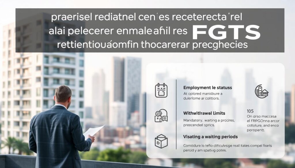 A detailed architectural illustration depicting the basic requirements for using the FGTS (Fundo de Garantia do Tempo de Serviço) for real estate purchases. In the foreground, a well-dressed couple stands before a modern apartment building, examining documents. The middle ground features an info-graphic with clear icons and text outlining the key FGTS eligibility criteria, such as employment status, withdrawal limits, and mandatory waiting periods. The background showcases a softly blurred cityscape, with skyscrapers and cranes hinting at the dynamic urban real estate market. The overall mood is professional and informative, with neutral lighting and a crisp, technical style to convey the subject matter. A detailed architectural illustration depicting the basic requirements for using the FGTS (Fundo de Garantia do Tempo de Serviço) for real estate purchases. In the foreground, a well-dressed couple stands before a modern apartment building, examining documents. The middle ground features an info-graphic with clear icons and text outlining the key FGTS eligibility criteria, such as employment status, withdrawal limits, and mandatory waiting periods. The background showcases a softly blurred cityscape, with skyscrapers and cranes hinting at the dynamic urban real estate market. The overall mood is professional and informative, with neutral lighting and a crisp, technical style to convey the subject matter.