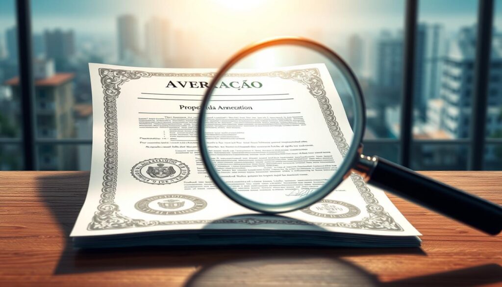 A detailed architectural illustration of a real estate property deed, showcasing the concept of "averbação" or property annexation. The deed is depicted with intricate patterns and seals, resting on a wooden surface illuminated by soft, natural lighting. The middle ground features a magnifying glass examining the document, symbolizing the close inspection required for this process. The background depicts a blurred cityscape, hinting at the broader context of real estate transactions. The overall mood is one of professionalism, precision, and the importance of properly documenting property ownership changes. A detailed architectural illustration of a real estate property deed, showcasing the concept of "averbação" or property annexation. The deed is depicted with intricate patterns and seals, resting on a wooden surface illuminated by soft, natural lighting. The middle ground features a magnifying glass examining the document, symbolizing the close inspection required for this process. The background depicts a blurred cityscape, hinting at the broader context of real estate transactions. The overall mood is one of professionalism, precision, and the importance of properly documenting property ownership changes.