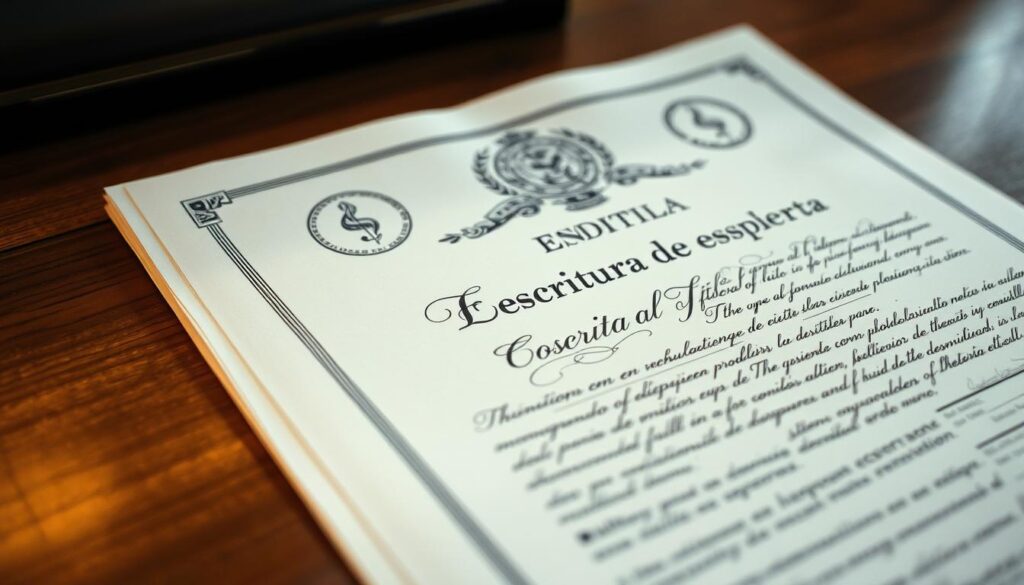 A detailed close-up of an official legal document, such as a land title or property deed, resting on a wooden table or surface. The document has a formal, authoritative appearance, with official seals, stamps, and intricate handwritten script. The lighting is soft and warm, creating a sense of gravitas and importance. The background is slightly blurred, keeping the focus on the central document. The overall mood is one of solemn professionalism, reflecting the significance of the "escritura" or legal title. A detailed close-up of an official legal document, such as a land title or property deed, resting on a wooden table or surface. The document has a formal, authoritative appearance, with official seals, stamps, and intricate handwritten script. The lighting is soft and warm, creating a sense of gravitas and importance. The background is slightly blurred, keeping the focus on the central document. The overall mood is one of solemn professionalism, reflecting the significance of the "escritura" or legal title.