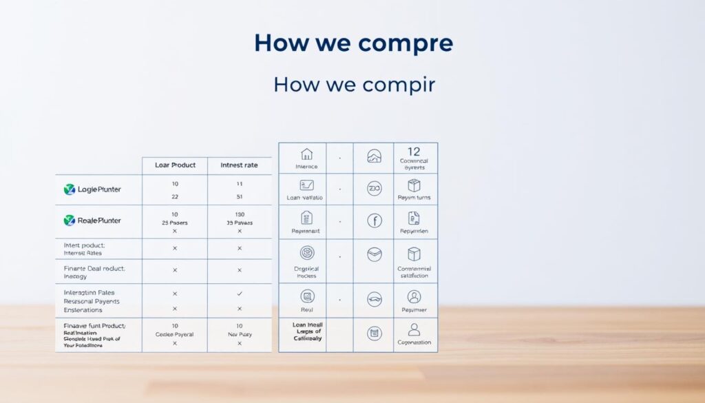 A detailed comparison of real estate financing options, presented in a clean and informative visual style. The foreground shows a side-by-side layout of financial institution logos, loan product details, and key metrics like interest rates and monthly payments. The middle ground features a minimalist grid of icons representing essential comparison criteria such as loan-to-value ratio, repayment terms, and customer satisfaction. The background is a subtle gradient or texture, creating a professional, analytical atmosphere. Lighting is soft and even, with a slight depth of field to draw the viewer's focus. The overall composition is balanced and easy to interpret, providing a comprehensive yet concise illustration of the "How we compare" section. A detailed comparison of real estate financing options, presented in a clean and informative visual style. The foreground shows a side-by-side layout of financial institution logos, loan product details, and key metrics like interest rates and monthly payments. The middle ground features a minimalist grid of icons representing essential comparison criteria such as loan-to-value ratio, repayment terms, and customer satisfaction. The background is a subtle gradient or texture, creating a professional, analytical atmosphere. Lighting is soft and even, with a slight depth of field to draw the viewer's focus. The overall composition is balanced and easy to interpret, providing a comprehensive yet concise illustration of the "How we compare" section.