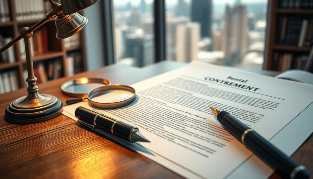 A detailed contract for a rental agreement lies open on a wooden desk, surrounded by a stylish arrangement of a fountain pen, a magnifying glass, and a brass desk lamp casting a warm, focused light. The background features a blurred, elegant interior with bookshelves and a window overlooking a city skyline, creating a professional, legal atmosphere. The overall composition conveys the concept of a rental agreement, the role of a guarantor, and the legal framework governing the process, as described in the article section title. A detailed contract for a rental agreement lies open on a wooden desk, surrounded by a stylish arrangement of a fountain pen, a magnifying glass, and a brass desk lamp casting a warm, focused light. The background features a blurred, elegant interior with bookshelves and a window overlooking a city skyline, creating a professional, legal atmosphere. The overall composition conveys the concept of a rental agreement, the role of a guarantor, and the legal framework governing the process, as described in the article section title.