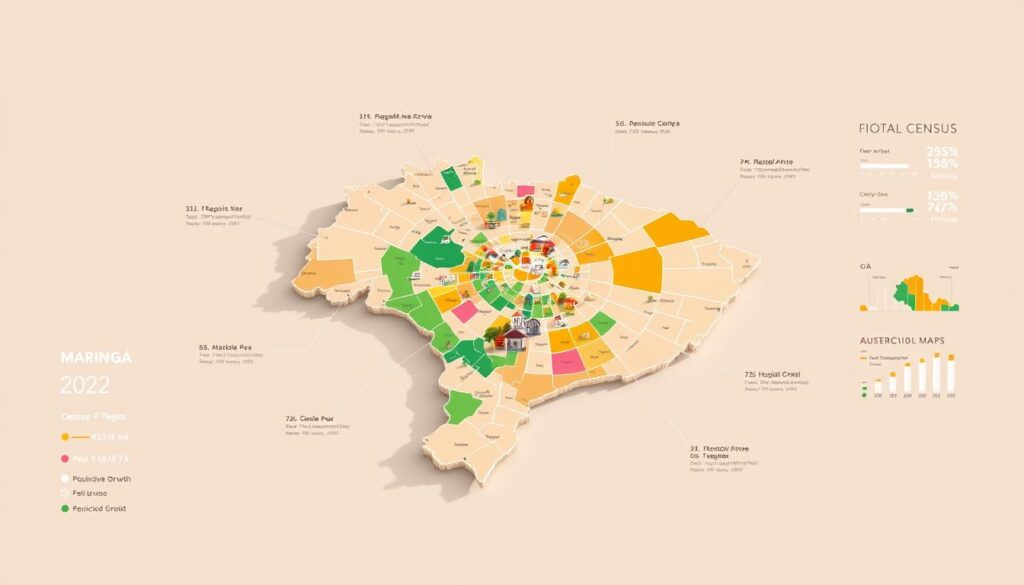 A detailed, data-rich demographic census map of the city of Maringá, Brazil, set against a clean, minimalist background. The map features precise population statistics, demographic trends, and residential zones represented through a carefully curated color palette. Sleek, modern data visualizations present key metrics such as population growth, age distribution, and household sizes in an easy-to-digest format. The scene is bathed in warm, directional lighting that casts subtle shadows, lending depth and a sense of authority to the official census data. The overall tone is one of authoritative clarity, reflecting the comprehensive, government-backed nature of the 2022 census. A detailed, data-rich demographic census map of the city of Maringá, Brazil, set against a clean, minimalist background. The map features precise population statistics, demographic trends, and residential zones represented through a carefully curated color palette. Sleek, modern data visualizations present key metrics such as population growth, age distribution, and household sizes in an easy-to-digest format. The scene is bathed in warm, directional lighting that casts subtle shadows, lending depth and a sense of authority to the official census data. The overall tone is one of authoritative clarity, reflecting the comprehensive, government-backed nature of the 2022 census.