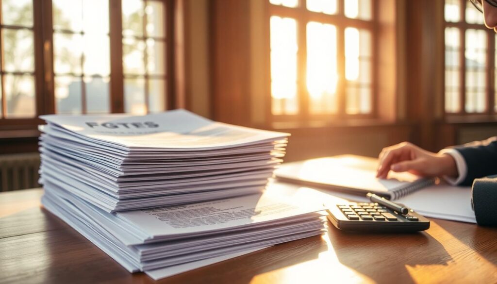 A detailed document stack sits on a wooden desk, illuminated by warm natural light filtering through large windows. The papers, representing the required FGTS withdrawal documents, are neatly organized, hinting at the bureaucratic process. A calculator, pen, and a focused gaze from the person handling the paperwork suggest the thoughtful attention needed to navigate the FGTS withdrawal procedure. The overall scene conveys a sense of diligence, responsibility, and the importance of having the proper documentation to access one's FGTS funds. A detailed document stack sits on a wooden desk, illuminated by warm natural light filtering through large windows. The papers, representing the required FGTS withdrawal documents, are neatly organized, hinting at the bureaucratic process. A calculator, pen, and a focused gaze from the person handling the paperwork suggest the thoughtful attention needed to navigate the FGTS withdrawal procedure. The overall scene conveys a sense of diligence, responsibility, and the importance of having the proper documentation to access one's FGTS funds.