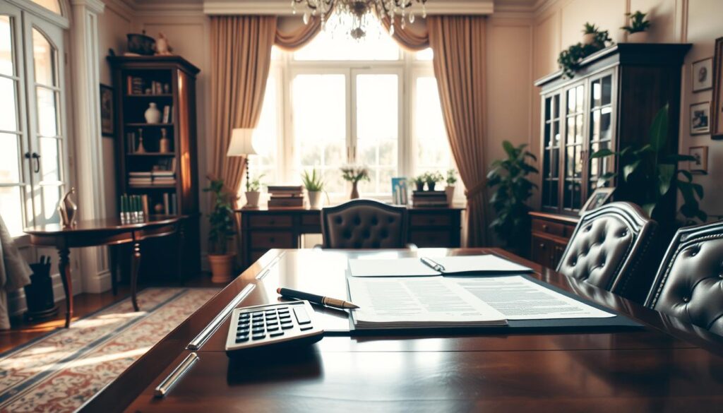 A detailed, elegant interior scene showcasing the key requirements for being a cosigner. A richly furnished home office in soft, warm lighting with a neatly organized desk, bookshelves, and potted plants. On the desk, documents, a calculator, and a pen neatly arranged, symbolizing the financial responsibility and paperwork involved. A large window in the background allows natural light to flood the scene, creating a sense of openness and transparency. The overall atmosphere conveys a professional, trustworthy, and reliable environment suitable for an important financial decision. A detailed, elegant interior scene showcasing the key requirements for being a cosigner. A richly furnished home office in soft, warm lighting with a neatly organized desk, bookshelves, and potted plants. On the desk, documents, a calculator, and a pen neatly arranged, symbolizing the financial responsibility and paperwork involved. A large window in the background allows natural light to flood the scene, creating a sense of openness and transparency. The overall atmosphere conveys a professional, trustworthy, and reliable environment suitable for an important financial decision.
