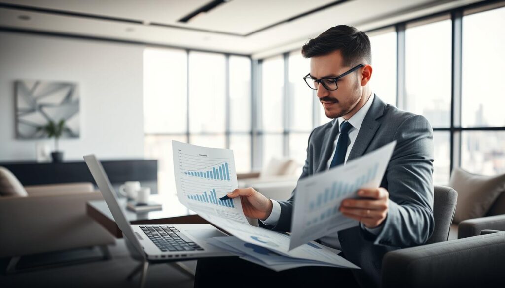 A detailed financial analysis for a real estate mortgage, presented in a clean, professional manner. The foreground shows a businessman reviewing financial documents and charts on a laptop, with a focused, analytical expression. The middle ground features a sleek, modern office setting with minimalist furniture and decor. The background subtly depicts an urban skyline through large windows, conveying a sense of financial stability and growth. The lighting is soft and indirect, creating a calm, contemplative atmosphere. The overall composition conveys the complexity and importance of the credit analysis process in securing a successful real estate mortgage. A detailed financial analysis for a real estate mortgage, presented in a clean, professional manner. The foreground shows a businessman reviewing financial documents and charts on a laptop, with a focused, analytical expression. The middle ground features a sleek, modern office setting with minimalist furniture and decor. The background subtly depicts an urban skyline through large windows, conveying a sense of financial stability and growth. The lighting is soft and indirect, creating a calm, contemplative atmosphere. The overall composition conveys the complexity and importance of the credit analysis process in securing a successful real estate mortgage.