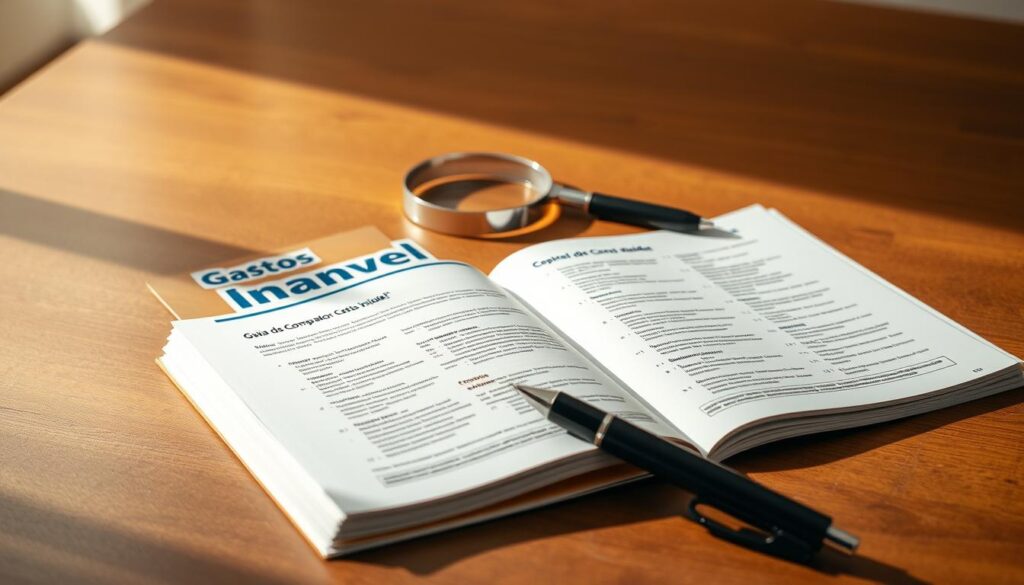 A detailed financial guide book on a wooden table, with a magnifying glass and a pen resting beside it. The cover features a prominent title "Guia do Comprador: Gastos Imóvel" in a bold, legible font. The book's pages are open, revealing neatly organized information on various costs associated with real estate purchases. The lighting is soft and natural, creating a warm, inviting atmosphere. The composition emphasizes the guide book as the central focus, with the accessories serving to convey a sense of research and diligence. The overall scene suggests a thoughtful, methodical approach to understanding the financial aspects of buying a property. A detailed financial guide book on a wooden table, with a magnifying glass and a pen resting beside it. The cover features a prominent title "Guia do Comprador: Gastos Imóvel" in a bold, legible font. The book's pages are open, revealing neatly organized information on various costs associated with real estate purchases. The lighting is soft and natural, creating a warm, inviting atmosphere. The composition emphasizes the guide book as the central focus, with the accessories serving to convey a sense of research and diligence. The overall scene suggests a thoughtful, methodical approach to understanding the financial aspects of buying a property.