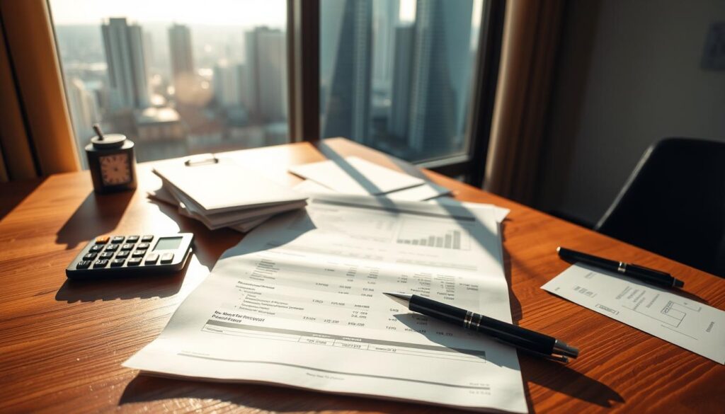 A detailed financial report lies open on a wooden desk, surrounded by a calculator, pen, and scattered documents. The scene is bathed in warm, directional lighting from a window, casting dramatic shadows across the surface. In the background, a modern city skyline with towering skyscrapers can be seen through the window, symbolizing the far-reaching impact of financial decisions. The overall mood conveys a sense of gravity and importance, reflecting the weight of the "Qual é Melhor? Alugar ou Comprar um Apartamento em Maringá?" decision. A detailed financial report lies open on a wooden desk, surrounded by a calculator, pen, and scattered documents. The scene is bathed in warm, directional lighting from a window, casting dramatic shadows across the surface. In the background, a modern city skyline with towering skyscrapers can be seen through the window, symbolizing the far-reaching impact of financial decisions. The overall mood conveys a sense of gravity and importance, reflecting the weight of the "Qual é Melhor? Alugar ou Comprar um Apartamento em Maringá?" decision.