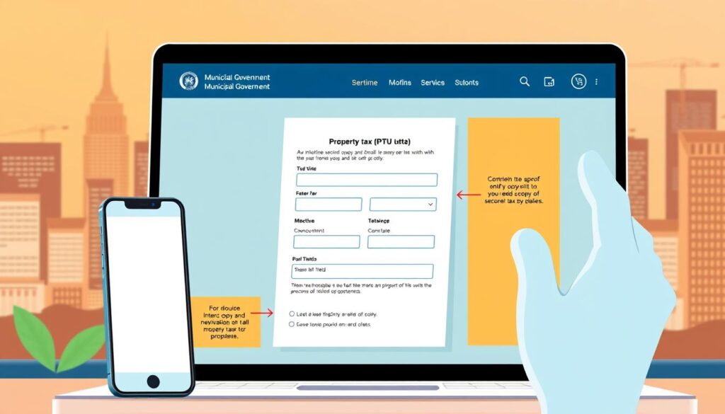 A detailed illustration of a municipal government website or mobile app interface, showcasing the process of obtaining a second copy of a property tax (IPTU) bill. The interface should prominently feature intuitive navigation, clear instructions, and user-friendly input fields. The background should convey a sense of professionalism and civic responsibility, with subtle city skyline elements in the distance. Warm lighting and a clean, modern aesthetic should create an approachable and trustworthy atmosphere. The overall composition should clearly communicate the step-by-step experience of accessing this municipal service online or through a mobile device. A detailed illustration of a municipal government website or mobile app interface, showcasing the process of obtaining a second copy of a property tax (IPTU) bill. The interface should prominently feature intuitive navigation, clear instructions, and user-friendly input fields. The background should convey a sense of professionalism and civic responsibility, with subtle city skyline elements in the distance. Warm lighting and a clean, modern aesthetic should create an approachable and trustworthy atmosphere. The overall composition should clearly communicate the step-by-step experience of accessing this municipal service online or through a mobile device.