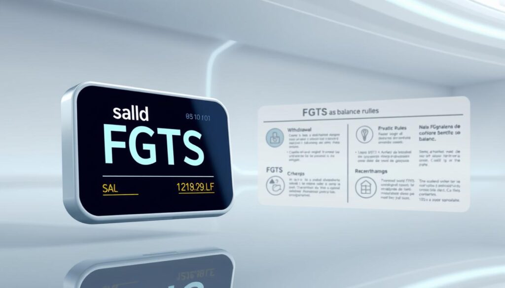 A detailed illustration of a person's FGTS account balance, rendered in a clean, technical style. In the foreground, a modern digital display shows the "saldo FGTS" - the current balance of the individual's FGTS (Fundo de Garantia do Tempo de Serviço) account. The display is showcased against a minimalist, futuristic background, with soft lighting and reflective surfaces suggesting a professional, financial context. In the middle ground, infographic elements highlight key FGTS information, such as withdrawal rules and recent policy changes. The overall scene conveys a sense of clarity and transparency around the FGTS system, suitable for inclusion in an informative article on the topic. A detailed illustration of a person's FGTS account balance, rendered in a clean, technical style. In the foreground, a modern digital display shows the "saldo FGTS" - the current balance of the individual's FGTS (Fundo de Garantia do Tempo de Serviço) account. The display is showcased against a minimalist, futuristic background, with soft lighting and reflective surfaces suggesting a professional, financial context. In the middle ground, infographic elements highlight key FGTS information, such as withdrawal rules and recent policy changes. The overall scene conveys a sense of clarity and transparency around the FGTS system, suitable for inclusion in an informative article on the topic.