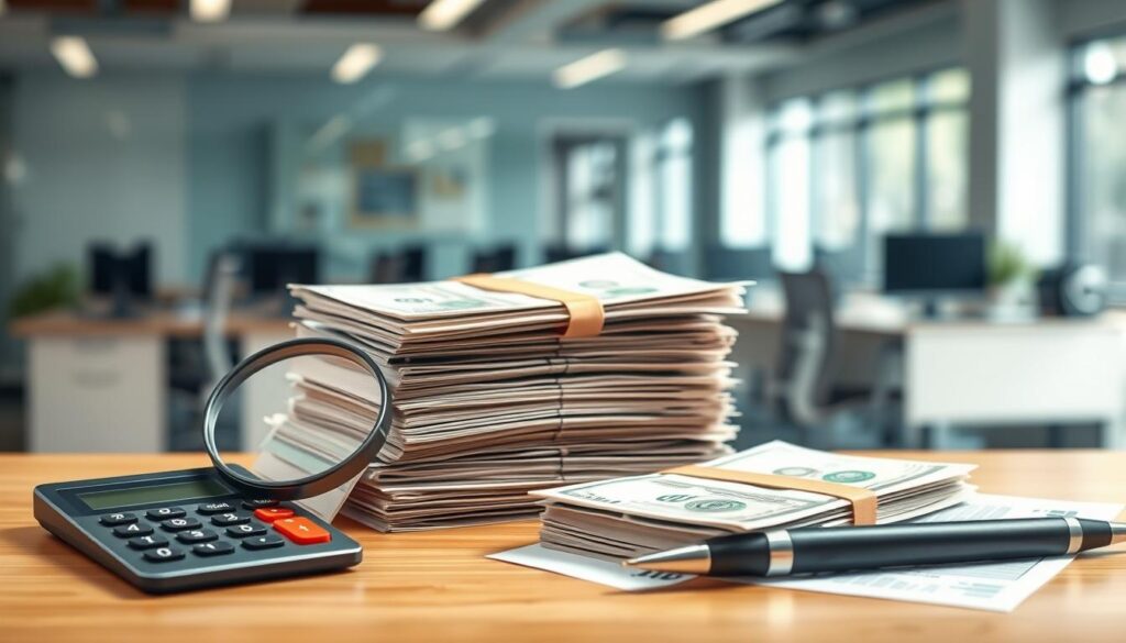 A detailed illustration of "saldo FGTS", depicting a stacks of cash and financial documents against a backdrop of a modern office setting. The foreground features a calculator, magnifying glass, and pen, suggesting financial analysis and calculations. The middle ground showcases stacks of bills and folders, representing the FGTS balance. The background has a blurred office scene with desks, computers, and a window providing natural lighting. The overall mood is one of financial diligence and attention to detail, reflecting the topic of restoring withdrawn FGTS funds. A detailed illustration of "saldo FGTS", depicting a stacks of cash and financial documents against a backdrop of a modern office setting. The foreground features a calculator, magnifying glass, and pen, suggesting financial analysis and calculations. The middle ground showcases stacks of bills and folders, representing the FGTS balance. The background has a blurred office scene with desks, computers, and a window providing natural lighting. The overall mood is one of financial diligence and attention to detail, reflecting the topic of restoring withdrawn FGTS funds.