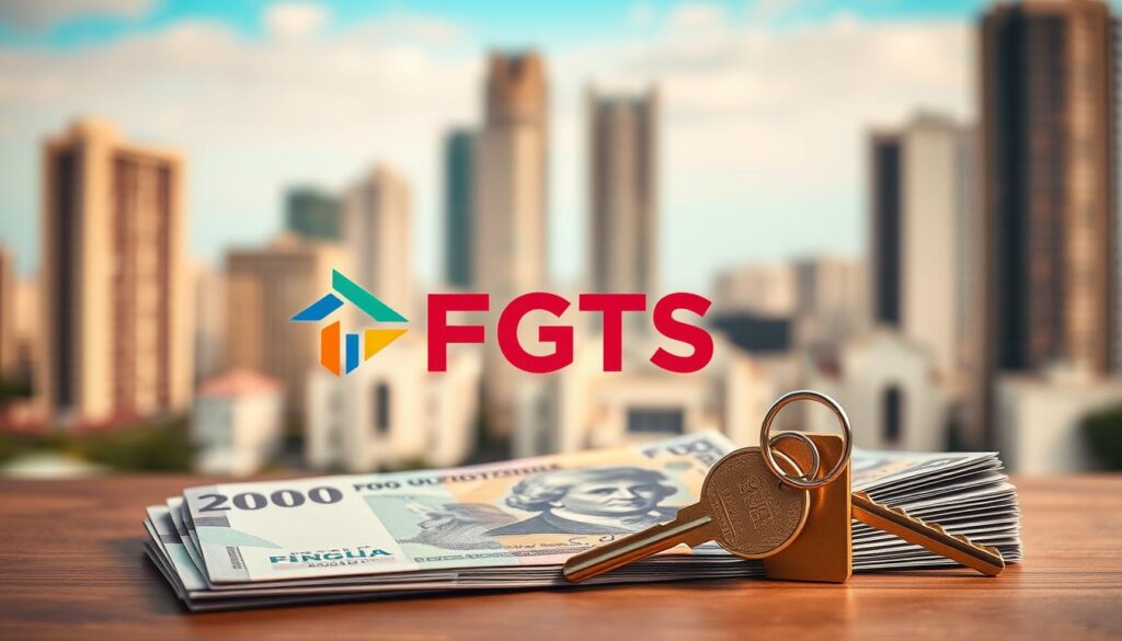 A detailed illustration of the FGTS (Fundo de Garantia do Tempo de Serviço), a Brazilian workers' compensation fund. In the foreground, a stack of Brazilian real bank notes and a house key, symbolizing the ability to withdraw FGTS funds for home purchases. In the middle ground, a graphic representation of the FGTS logo, with a modern, minimalist design and vibrant colors. In the background, a blurred cityscape with high-rise buildings, conveying the urban real estate market that FGTS can be used to access. The lighting is soft and warm, creating a sense of financial security and stability. The overall mood is professional, informative, and visually appealing, reflecting the topic of the FGTS and its role in home ownership. A detailed illustration of the FGTS (Fundo de Garantia do Tempo de Serviço), a Brazilian workers' compensation fund. In the foreground, a stack of Brazilian real bank notes and a house key, symbolizing the ability to withdraw FGTS funds for home purchases. In the middle ground, a graphic representation of the FGTS logo, with a modern, minimalist design and vibrant colors. In the background, a blurred cityscape with high-rise buildings, conveying the urban real estate market that FGTS can be used to access. The lighting is soft and warm, creating a sense of financial security and stability. The overall mood is professional, informative, and visually appealing, reflecting the topic of the FGTS and its role in home ownership.