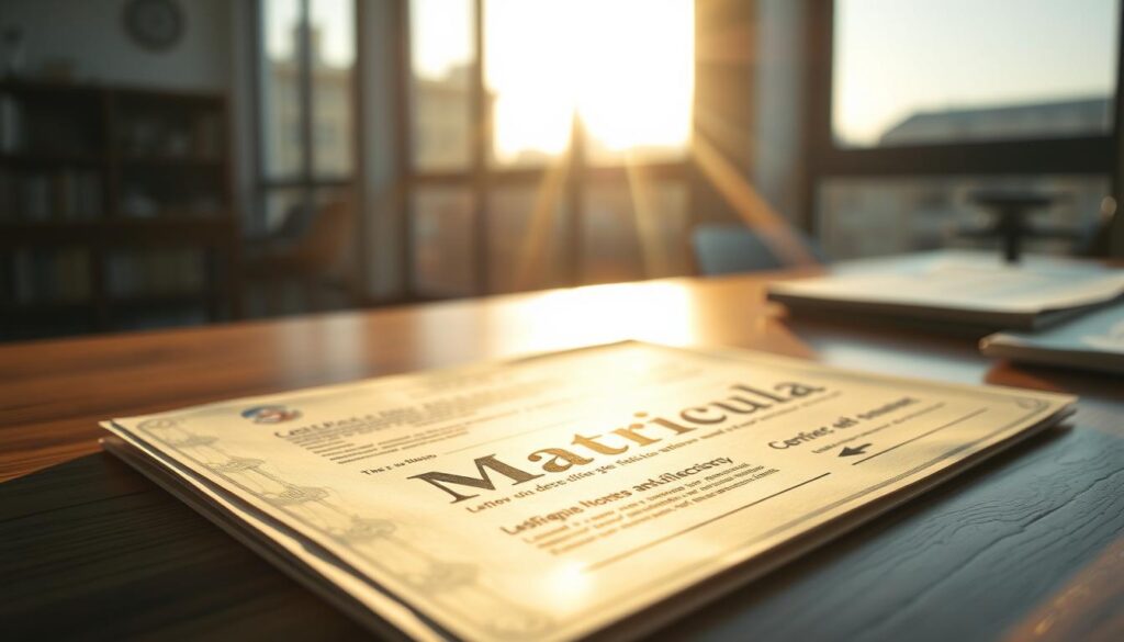 A detailed legal document, the "matrícula", resting on a wooden desk. Sunlight filters in through large windows, casting a warm, ambient glow. The document is carefully positioned, its crisp edges and precise typography accentuated by the natural lighting. The background is subtly blurred, placing the focus on the central object - the matrícula, a symbol of property ownership and the essential first step in the real estate transaction process. The mood is one of professionalism, attention to detail, and the importance of this legal document in the overall process of acquiring a new home. A detailed legal document, the "matrícula", resting on a wooden desk. Sunlight filters in through large windows, casting a warm, ambient glow. The document is carefully positioned, its crisp edges and precise typography accentuated by the natural lighting. The background is subtly blurred, placing the focus on the central object - the matrícula, a symbol of property ownership and the essential first step in the real estate transaction process. The mood is one of professionalism, attention to detail, and the importance of this legal document in the overall process of acquiring a new home.
