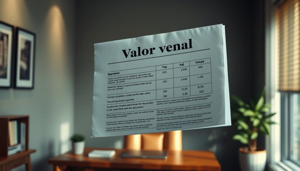 A detailed, meticulously rendered real estate appraisal document floating in a serene, dimly lit office setting. The document's text and numbers are clearly legible, conveying the precise "valor venal" or property value. The background features subtly textured walls, a wooden desk, and a potted plant, creating a professional, authoritative atmosphere. Soft, directional lighting casts warm shadows, highlighting the importance of the document. The composition emphasizes the centrality and gravity of the property valuation, reflecting the significance of this information for the article's audience. A detailed, meticulously rendered real estate appraisal document floating in a serene, dimly lit office setting. The document's text and numbers are clearly legible, conveying the precise "valor venal" or property value. The background features subtly textured walls, a wooden desk, and a potted plant, creating a professional, authoritative atmosphere. Soft, directional lighting casts warm shadows, highlighting the importance of the document. The composition emphasizes the centrality and gravity of the property valuation, reflecting the significance of this information for the article's audience.