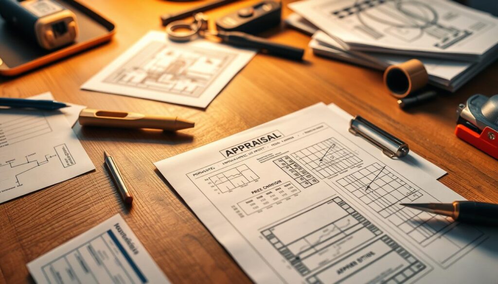 A detailed real estate appraisal report lying on a wooden desk, surrounded by a professional engineer's tools and equipment. The report features technical diagrams, measurements, and calculations, conveying the rigorous assessment process. Warm lighting illuminates the scene, creating a sense of expertise and diligence. The image exudes an atmosphere of thorough evaluation, reflecting the care and attention to detail required in the appraisal of a property. The focus is on the appraisal document, emphasizing its importance as a crucial document in the real estate industry. A detailed real estate appraisal report lying on a wooden desk, surrounded by a professional engineer's tools and equipment. The report features technical diagrams, measurements, and calculations, conveying the rigorous assessment process. Warm lighting illuminates the scene, creating a sense of expertise and diligence. The image exudes an atmosphere of thorough evaluation, reflecting the care and attention to detail required in the appraisal of a property. The focus is on the appraisal document, emphasizing its importance as a crucial document in the real estate industry.
