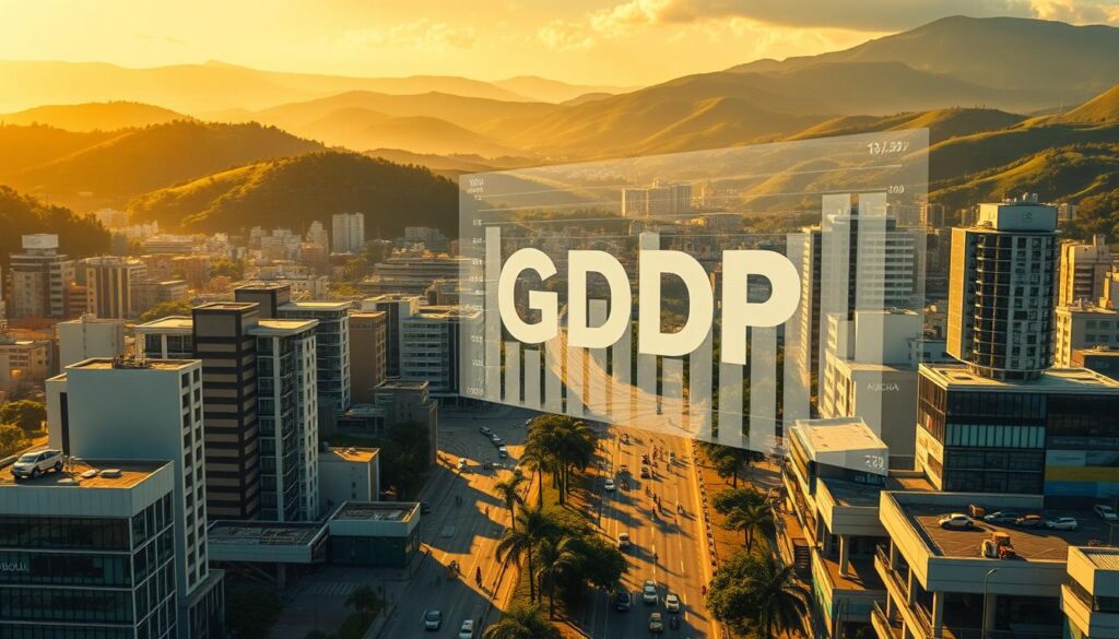 A detailed, realistic illustration of "produto interno bruto" (Gross Domestic Product) in the context of economic prosperity and development in Paraná, Brazil. The image depicts a cityscape with modern high-rise buildings, bustling streets, and vibrant commercial activity. In the foreground, a transparent graph or chart hovers, showcasing key GDP metrics and statistics relevant to the region. The scene is bathed in warm, golden lighting, conveying a sense of economic vitality and growth. The background features rolling hills and lush greenery, providing a contextual connection to the state of Paraná. The overall composition should feel balanced, informative, and visually compelling to support the article's discussion of measuring economic "richness" beyond just GDP. A detailed, realistic illustration of "produto interno bruto" (Gross Domestic Product) in the context of economic prosperity and development in Paraná, Brazil. The image depicts a cityscape with modern high-rise buildings, bustling streets, and vibrant commercial activity. In the foreground, a transparent graph or chart hovers, showcasing key GDP metrics and statistics relevant to the region. The scene is bathed in warm, golden lighting, conveying a sense of economic vitality and growth. The background features rolling hills and lush greenery, providing a contextual connection to the state of Paraná. The overall composition should feel balanced, informative, and visually compelling to support the article's discussion of measuring economic "richness" beyond just GDP.