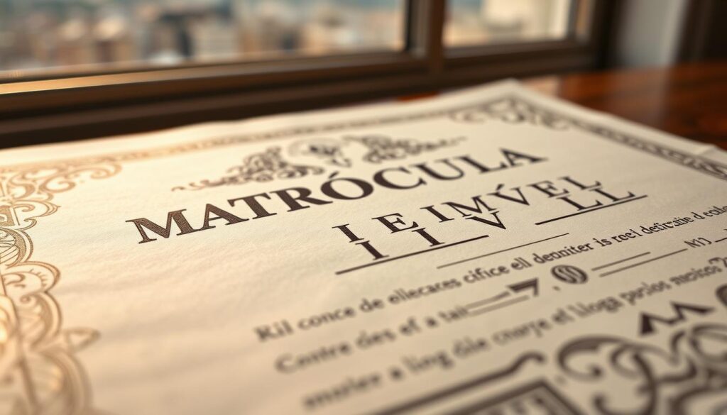 A detailed, technical illustration of a property deed document, its surface reflecting soft, warm lighting that highlights the intricate patterns and textures of the paper. The foreground features the bold, embossed title "MATRÍCULA IMÓVEL" prominently displayed, conveying its importance. The middle ground showcases the complex legal and numerical information that defines the property's unique identification number, surrounded by ornate, vintage-inspired design elements. The background subtly suggests the broader context of the property, with a muted cityscape or landscape visible through a window or border. The overall mood is one of authority, authenticity, and the significance of this essential real estate document. A detailed, technical illustration of a property deed document, its surface reflecting soft, warm lighting that highlights the intricate patterns and textures of the paper. The foreground features the bold, embossed title "MATRÍCULA IMÓVEL" prominently displayed, conveying its importance. The middle ground showcases the complex legal and numerical information that defines the property's unique identification number, surrounded by ornate, vintage-inspired design elements. The background subtly suggests the broader context of the property, with a muted cityscape or landscape visible through a window or border. The overall mood is one of authority, authenticity, and the significance of this essential real estate document.