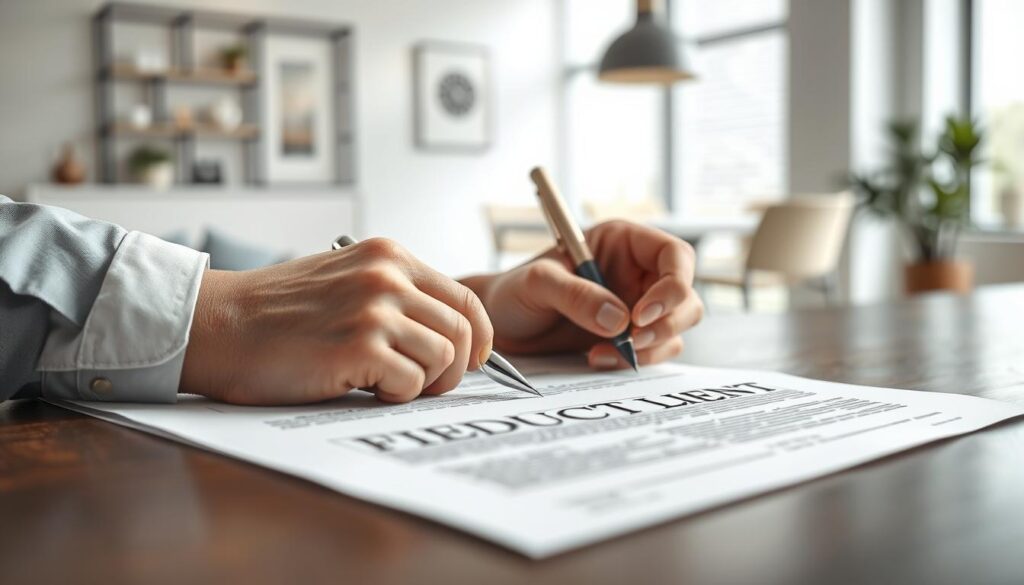 A detailed three-dimensional rendering of a fiduciary lien contract being signed, with a stylized legal document and pen in the foreground, a person's hand signing the contract in the middle ground, and a background depicting a modern office setting with minimalist furniture and decor. The lighting should be soft and natural, creating a sense of professionalism and legality. The overall atmosphere should convey the practical and procedural nature of a fiduciary lien transaction. A detailed three-dimensional rendering of a fiduciary lien contract being signed, with a stylized legal document and pen in the foreground, a person's hand signing the contract in the middle ground, and a background depicting a modern office setting with minimalist furniture and decor. The lighting should be soft and natural, creating a sense of professionalism and legality. The overall atmosphere should convey the practical and procedural nature of a fiduciary lien transaction.