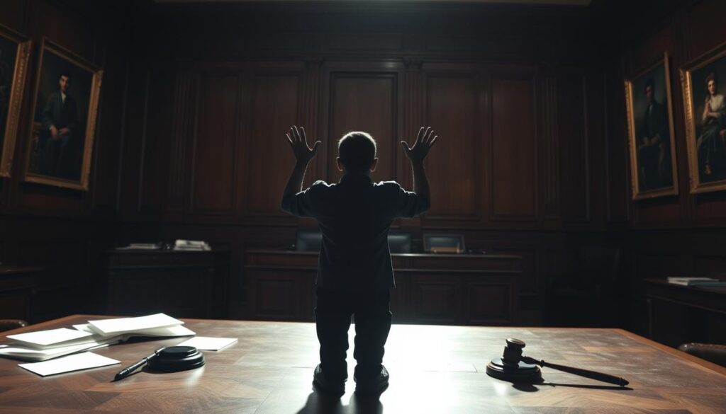 A dimly lit courtroom, the walls lined with mahogany paneling and oil paintings. On a sturdy wooden desk, legal documents and a gavel lay scattered, conveying a sense of judicial proceedings. In the foreground, a silhouetted figure stands, hands raised in a gesture of restraint, symbolizing the legal concept of "indisponibilidade de bens" - the court-ordered restriction of an individual's assets. The lighting casts long shadows, creating a somber and serious atmosphere, reflecting the gravity of such a judicial decision. The scene is captured through a wide-angle lens, emphasizing the grandeur and weight of the setting. A dimly lit courtroom, the walls lined with mahogany paneling and oil paintings. On a sturdy wooden desk, legal documents and a gavel lay scattered, conveying a sense of judicial proceedings. In the foreground, a silhouetted figure stands, hands raised in a gesture of restraint, symbolizing the legal concept of "indisponibilidade de bens" - the court-ordered restriction of an individual's assets. The lighting casts long shadows, creating a somber and serious atmosphere, reflecting the gravity of such a judicial decision. The scene is captured through a wide-angle lens, emphasizing the grandeur and weight of the setting.