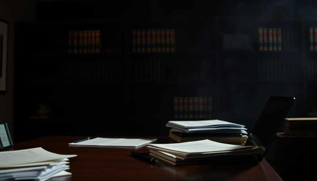 A dimly lit legal office interior, with a sense of restricted access and confidentiality. In the foreground, a wooden desk with stacks of documents and a laptop, hinting at the process of researching property records. In the middle ground, a bookcase filled with legal tomes, casting shadows that create a sense of depth and authority. The background is hazy, suggesting the complexity and limitations surrounding property ownership information. The lighting is warm and muted, creating an atmosphere of seriousness and professionalism. The camera angle is slightly angled, conveying a sense of the viewer's role as an observer of this private, restricted domain. A dimly lit legal office interior, with a sense of restricted access and confidentiality. In the foreground, a wooden desk with stacks of documents and a laptop, hinting at the process of researching property records. In the middle ground, a bookcase filled with legal tomes, casting shadows that create a sense of depth and authority. The background is hazy, suggesting the complexity and limitations surrounding property ownership information. The lighting is warm and muted, creating an atmosphere of seriousness and professionalism. The camera angle is slightly angled, conveying a sense of the viewer's role as an observer of this private, restricted domain.