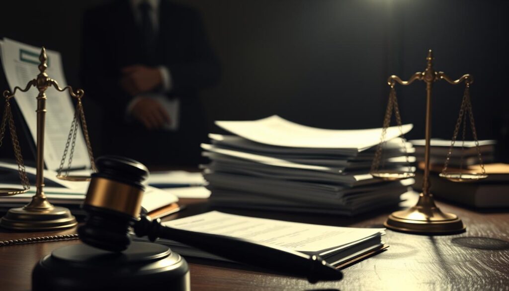 A dimly lit legal office, the desk cluttered with documents and folders. In the foreground, a gavel and the scales of justice stand as symbols of the judicial process. The middle ground features a stack of bank statements, property deeds, and other financial records, hinting at the concept of asset seizure and attachment. In the background, a shadowy figure, possibly a judge or lawyer, contemplates the intricacies of "indisponibilidade bens", the legal restriction on the disposal of assets. The scene conveys a sense of gravity and the weight of legal decision-making, capturing the essence of the section title "Indisponibilidade, penhora e alienação forçada: conceitos e diferenças necessárias". A dimly lit legal office, the desk cluttered with documents and folders. In the foreground, a gavel and the scales of justice stand as symbols of the judicial process. The middle ground features a stack of bank statements, property deeds, and other financial records, hinting at the concept of asset seizure and attachment. In the background, a shadowy figure, possibly a judge or lawyer, contemplates the intricacies of "indisponibilidade bens", the legal restriction on the disposal of assets. The scene conveys a sense of gravity and the weight of legal decision-making, capturing the essence of the section title "Indisponibilidade, penhora e alienação forçada: conceitos e diferenças necessárias".