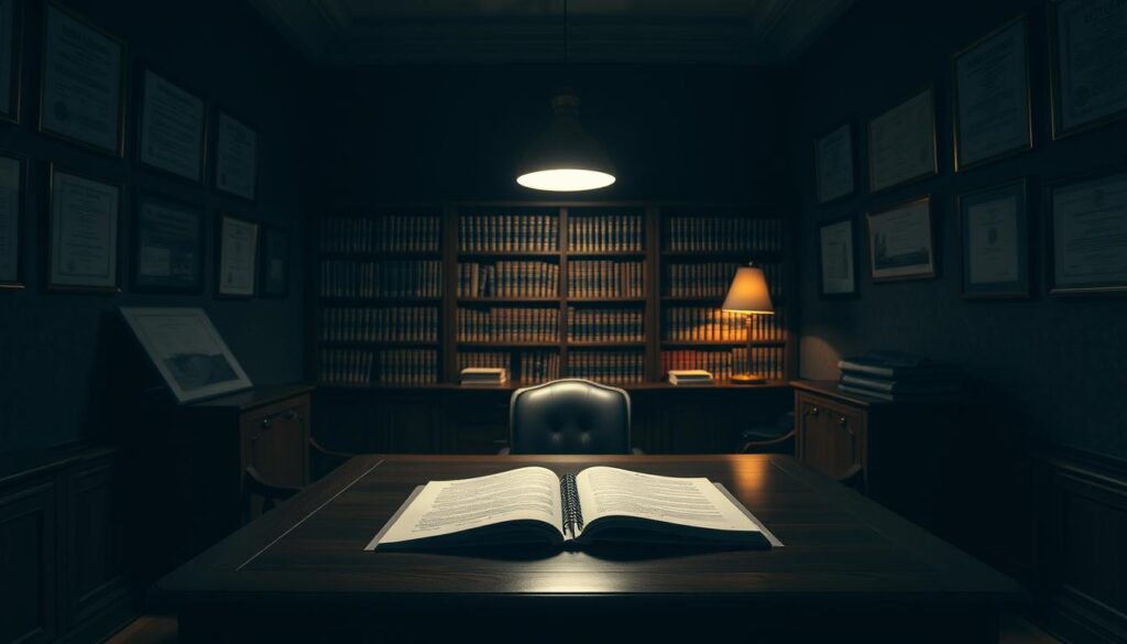 A dimly lit legal office, the walls adorned with law books and framed certificates. In the center, a heavy wooden desk with an open legal document, its pages casting long shadows across the surface. The atmosphere is somber, a sense of unavailability and constraint permeating the scene. Soft, warm lighting from a single floor lamp illuminates the desk, creating a contemplative mood. The overall composition conveys the concept of "indisponibilidade" - the legal state of unavailability or inaccessibility of goods or property, as might be the case in a specific legal context. A dimly lit legal office, the walls adorned with law books and framed certificates. In the center, a heavy wooden desk with an open legal document, its pages casting long shadows across the surface. The atmosphere is somber, a sense of unavailability and constraint permeating the scene. Soft, warm lighting from a single floor lamp illuminates the desk, creating a contemplative mood. The overall composition conveys the concept of "indisponibilidade" - the legal state of unavailability or inaccessibility of goods or property, as might be the case in a specific legal context.