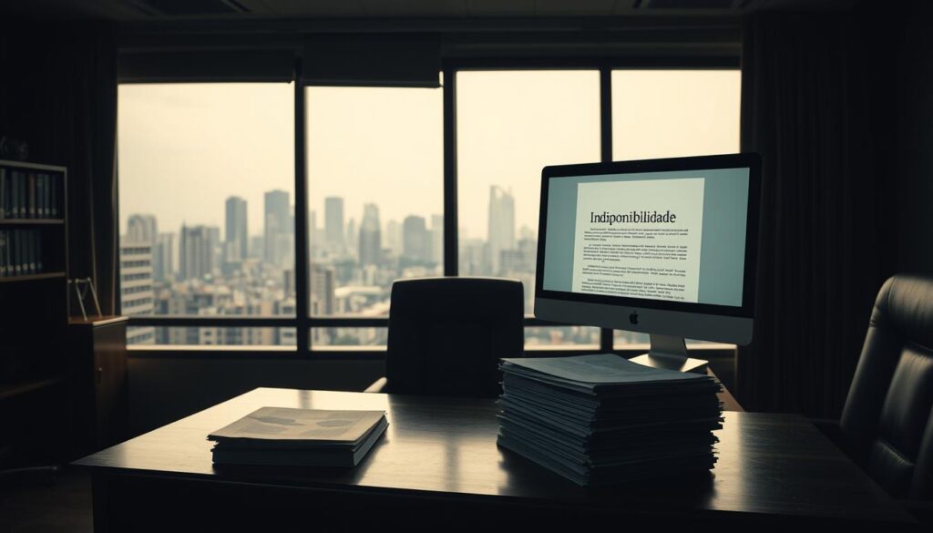 A dimly lit office interior, with a large wooden desk and a window overlooking a bustling city skyline. On the desk, a stack of official-looking documents and a computer monitor display a legal document titled "Indisponibilidade". The lighting is somber, casting long shadows across the room, conveying a sense of weight and gravity. The atmosphere is one of bureaucratic formality and legal significance, reflecting the serious nature of the topic at hand. The scene evokes the concept of property restrictions and the complex legal processes involved in understanding and resolving them. A dimly lit office interior, with a large wooden desk and a window overlooking a bustling city skyline. On the desk, a stack of official-looking documents and a computer monitor display a legal document titled "Indisponibilidade". The lighting is somber, casting long shadows across the room, conveying a sense of weight and gravity. The atmosphere is one of bureaucratic formality and legal significance, reflecting the serious nature of the topic at hand. The scene evokes the concept of property restrictions and the complex legal processes involved in understanding and resolving them.