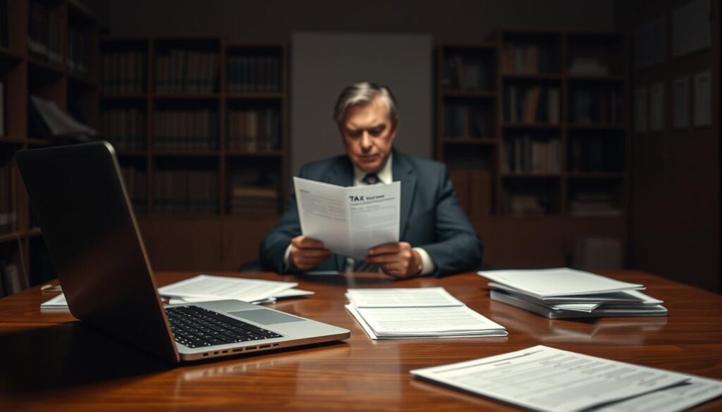 A dimly lit office setting, a hardwood desk in the foreground with a laptop and scattered documents. In the middle ground, a middle-aged person in business attire sits pensively, a tax form open in front of them. The background is hazy, with bookshelves and filing cabinets visible, conveying the serious, contemplative mood of tax season. Warm, muted lighting creates a sense of focus and concentration. The scene suggests the obligation and responsibility of filing income tax returns, a common experience shared by many. A dimly lit office setting, a hardwood desk in the foreground with a laptop and scattered documents. In the middle ground, a middle-aged person in business attire sits pensively, a tax form open in front of them. The background is hazy, with bookshelves and filing cabinets visible, conveying the serious, contemplative mood of tax season. Warm, muted lighting creates a sense of focus and concentration. The scene suggests the obligation and responsibility of filing income tax returns, a common experience shared by many.
