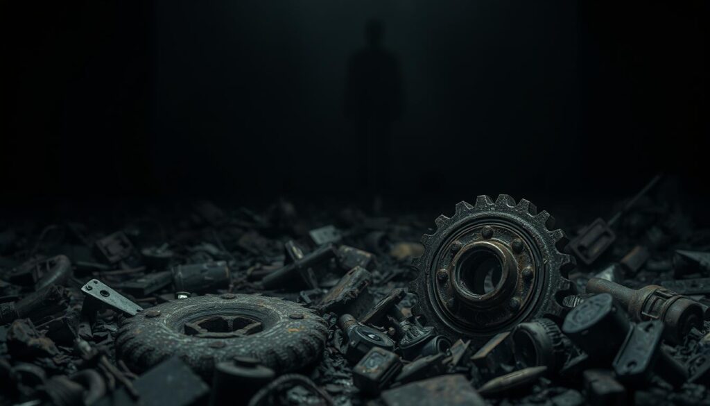 A dimly lit, somber scene depicting the concept of "indisponibilidade". In the foreground, a tarnished, rusted metallic object - perhaps an old gear or cog - sits amidst a sea of broken and discarded items, conveying a sense of obsolescence and unavailability. The middle ground is obscured in a hazy, gloomy atmosphere, with muted colors and subtle textures suggesting a state of impermanence and decay. In the distant background, a shadowy, indistinct shape looms, hinting at the gradual evolution and transformation of this legal concept over time. The overall mood is one of melancholy and the ephemeral nature of material things. A dimly lit, somber scene depicting the concept of "indisponibilidade". In the foreground, a tarnished, rusted metallic object - perhaps an old gear or cog - sits amidst a sea of broken and discarded items, conveying a sense of obsolescence and unavailability. The middle ground is obscured in a hazy, gloomy atmosphere, with muted colors and subtle textures suggesting a state of impermanence and decay. In the distant background, a shadowy, indistinct shape looms, hinting at the gradual evolution and transformation of this legal concept over time. The overall mood is one of melancholy and the ephemeral nature of material things.