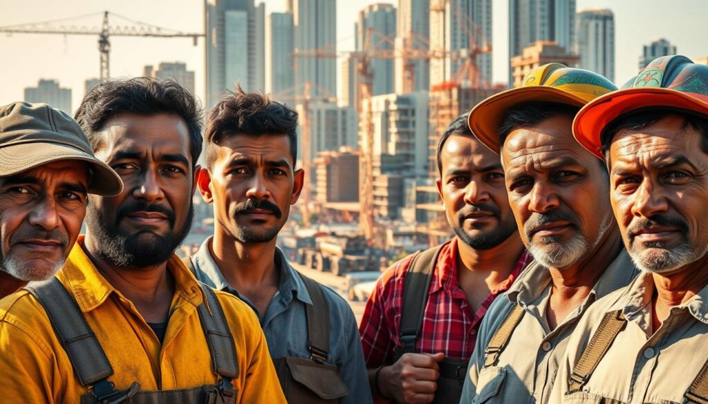 A diverse group of hardworking Brazilian laborers stand in the foreground, their faces weathered by the demands of their toil. In the middle ground, a bustling construction site teems with activity, cranes and scaffolding rising against a backdrop of modern high-rises. The scene is illuminated by warm, golden sunlight, casting long shadows and creating a sense of industry and productivity. The overall atmosphere conveys the importance of the FGTS fund, which provides essential financial support to these workers during times of need. A diverse group of hardworking Brazilian laborers stand in the foreground, their faces weathered by the demands of their toil. In the middle ground, a bustling construction site teems with activity, cranes and scaffolding rising against a backdrop of modern high-rises. The scene is illuminated by warm, golden sunlight, casting long shadows and creating a sense of industry and productivity. The overall atmosphere conveys the importance of the FGTS fund, which provides essential financial support to these workers during times of need.